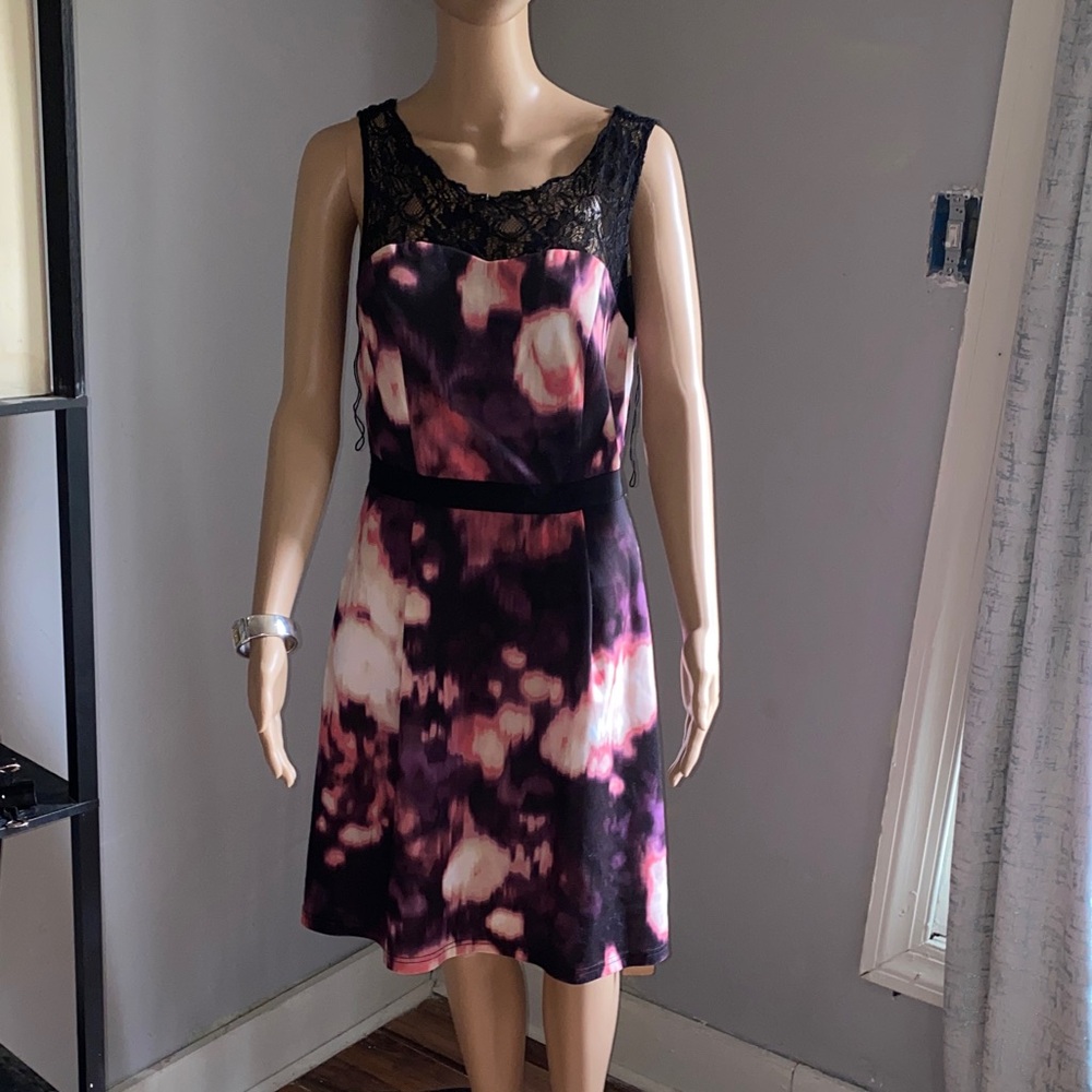 Adrianna Papell Black and Pink Lace-Trim Sleeveless Mini Dress